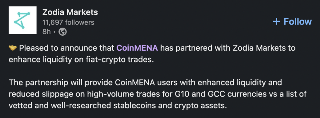 zodia markets linkedin post about coin mena partnership