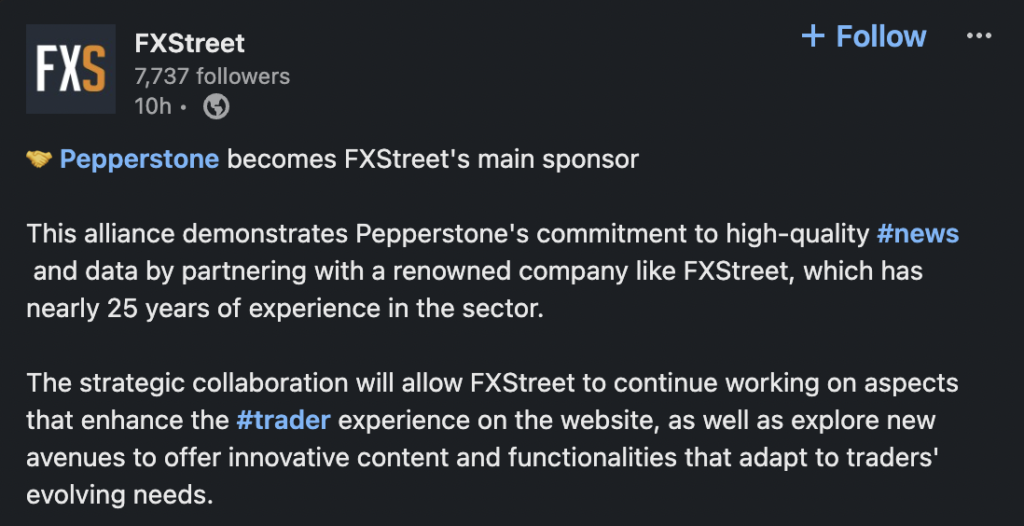 FXStreet announces Pepperstone sponsorship. Source: LinkedIn